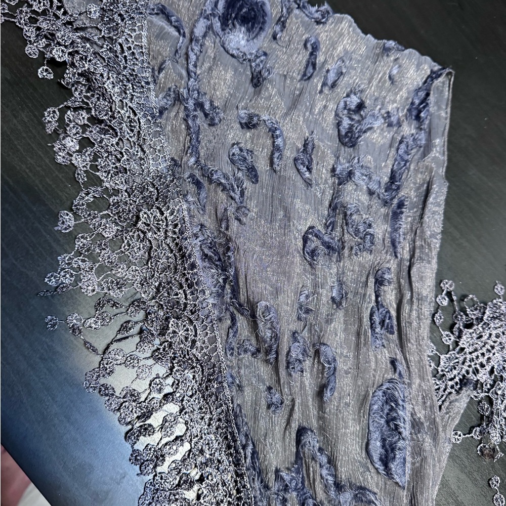 Lace-Edged Navy Textured Scarf Wrap silk and polyester 70in long